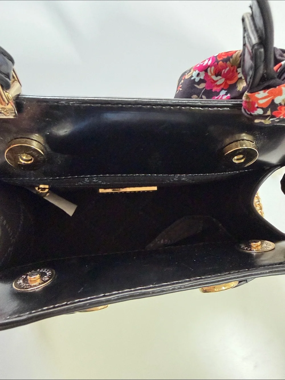 Steve Madden Black Structured Satchel with Gold Chain and Floral Scarf